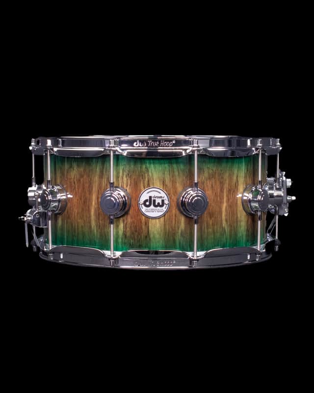 DW 6.5x14 Turquoise Green Burst over Tigerwood Exotic Snare Drum, Chrome Hardware