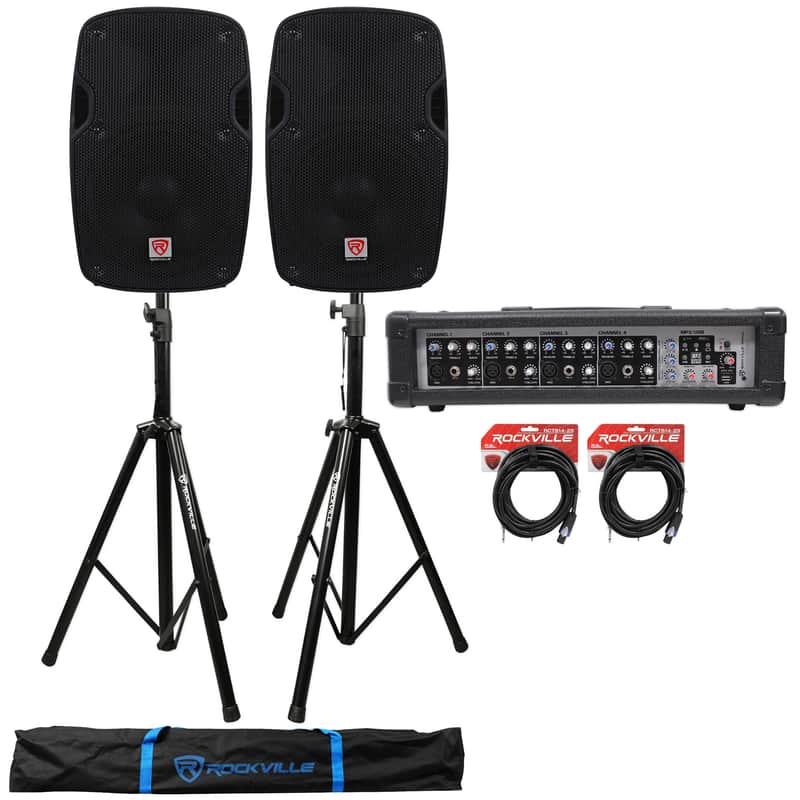 2) Rockville SPG88 8" 400w DJ PA Speakers 8-Ohm+Powered 4-Ch Mixer+Stands+Cables image 1