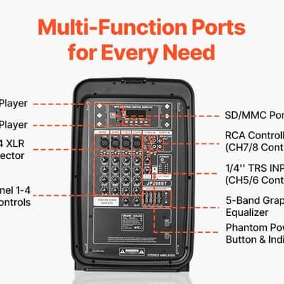 Vevor 2 X 8 in Speakers Portable PA System 300W Mixer Bluetooth Mic for DJ Party image 11