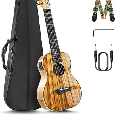 6 String 30 Inch High Gloss Zebra Wood Acoustic & Electric Ukulele Guitalele with Truss Rod with Padded Gig Bag, Strap image 1