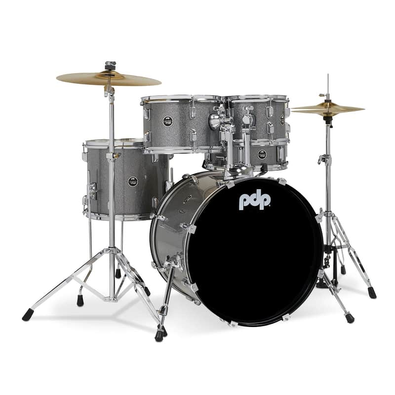 PDP PDCE2015KTSS 5 Piece Center Stage Series Complete Acoustic Drum Kit w/ 20" Kick, Hardware, Cymbals, and Throne - Silver Sparkle image 1