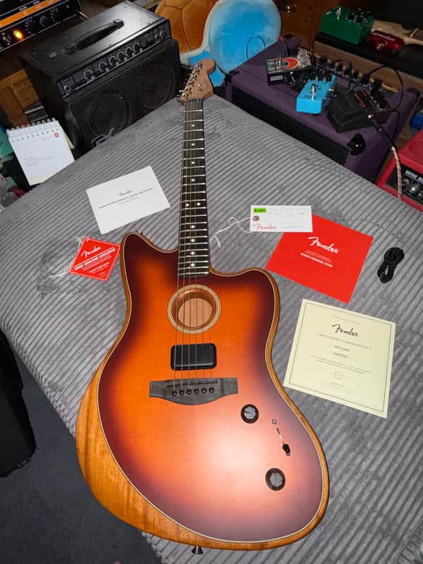 Fender American Acoustasonic Jazzmaster 2022 - Tobacco Sunburst - Made in USA - All Mahogany Body & Neck Acoustic Electric Guitar w/ Deluxe Gig Bag, COA and Case Candy