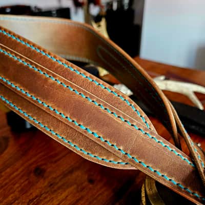 Hand Made, Hand Stitched Guitar strap "Rockatansky" in Taupe & Turquoise- Vegetable Tanned Leather image 7