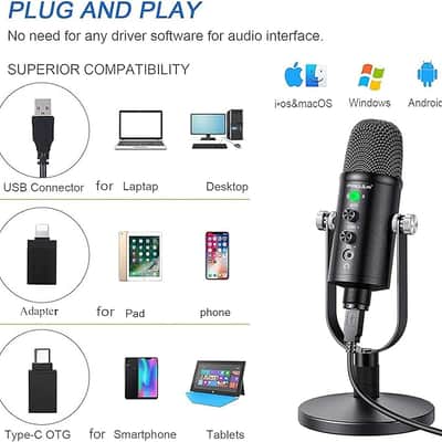 Microphone for Podcast, USB Microphone Kit for Phone, PC/Micro/Mac/Android,Professional Plug&Play Studio Microphone with Stand for Gaming, Online Chatting, Videos, Voice Overs, Streaming image 2