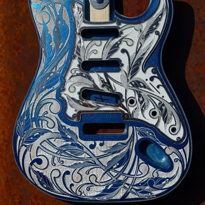Custom Laser Engraved Blue Sparkle and White Fender Strat Guitar Body with White & Silver Mirror Pickguard & Tremolo Cover HSH, HSS, SSS Setup Available image 1