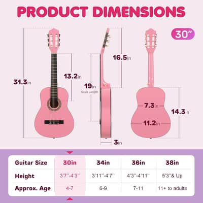 Classical Guitar Kit 30”- Kids Guitar Set with Neck, Case Bag, Nylon Strap, Picks, Musical Gift for Beginners Girls image 2
