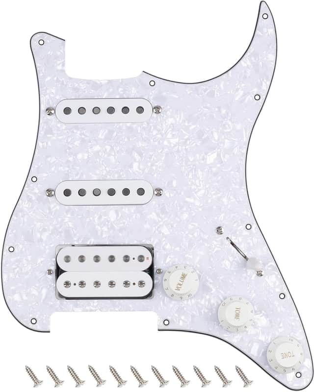 4Ply Loaded HSS Strat Pickguard Vintage Hot F '50s Tones Prewired Pickguard with Staggered Alnico 5 Fiber Bobbin SSH Pickups for Fender Stratocaster Strat ST Guitars JT/HBZC-03 White Pearl image 1