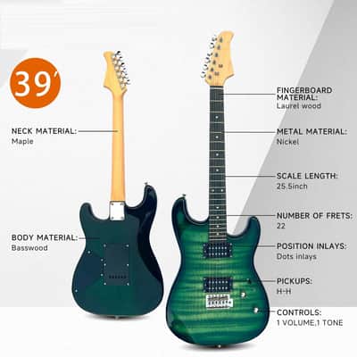 39" Full Size Electric Guitar Starter Kit with HH Pickup, 20W Portable Amp, Tuner, Gig Bag, Strap & Accessories(Green Flame) image 2
