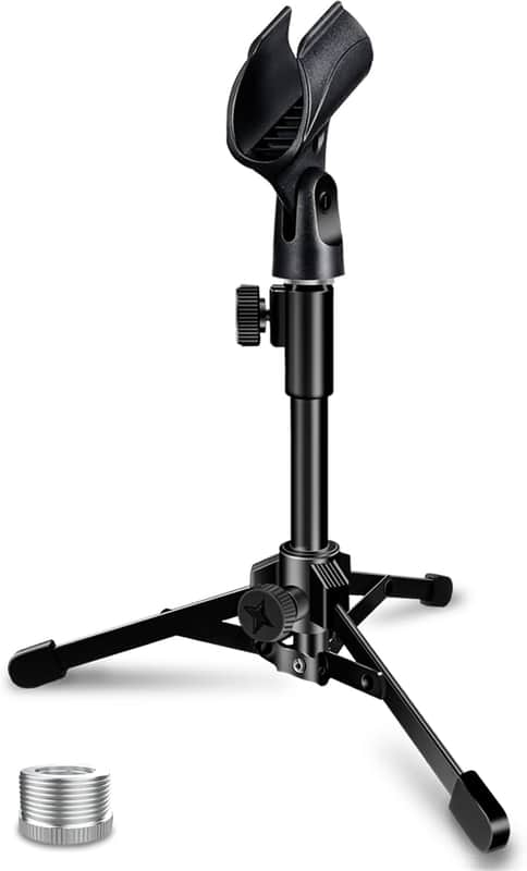 Desktop Mic Stand Portable Foldable Tripod with Mic Clip Holder and 5/8" Male to 3/8" Female Screw Adjustable Microphone Stand. image 1