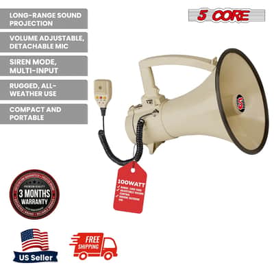 5 Core Megaphone Speaker 100W Loud Rechargeable Bullhorn w Built-in Siren image 2