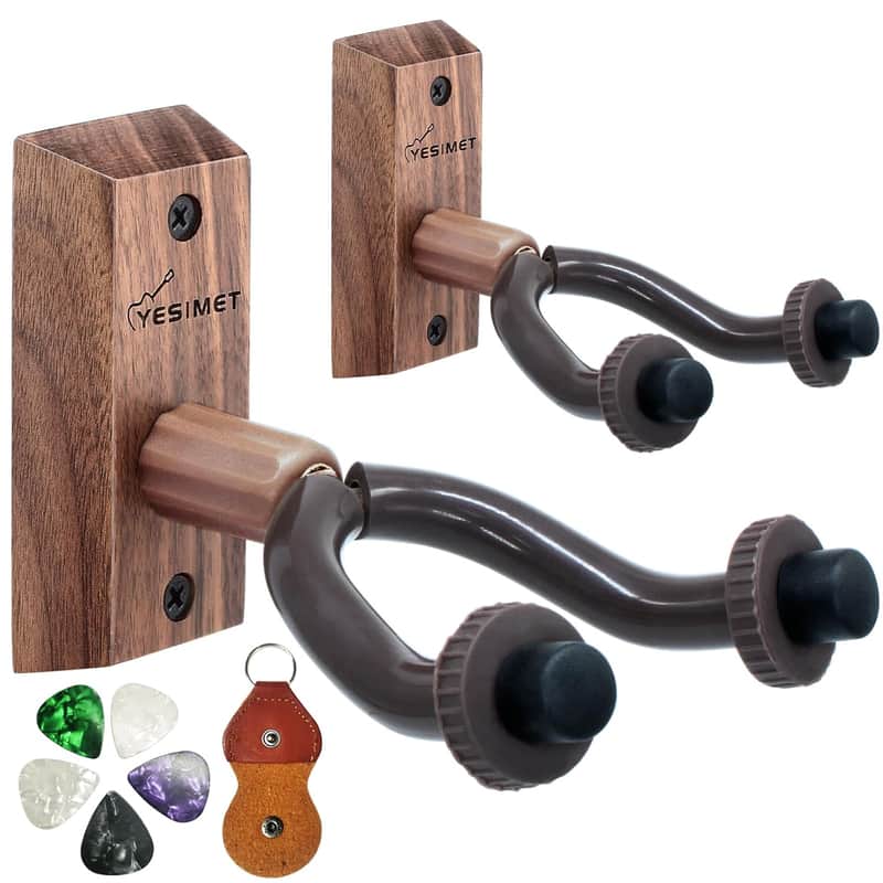 Guitar Wall Hanger, 2 Pack Black Walnut Guitar Wall Mount, Guitar Wall Hanger Sets With 5 Picks And Holder, Wood Guitar Wall Hanger For Acoustic/Electric Guitar, Banjo, Bass, Mandolin, Ukulele image 1