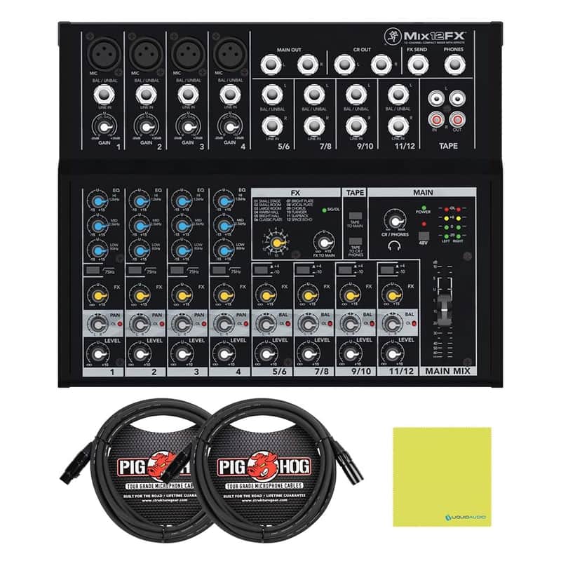 Mackie Mix12FX 12-Channel Compact Mixer with Effects Bundle with 2x Pig Hog 10ft XLR Tour Grade Microphone Cables & Polishing Cloth – Built-In FX, 3-Band EQ, and Stereo RCA I/O image 1