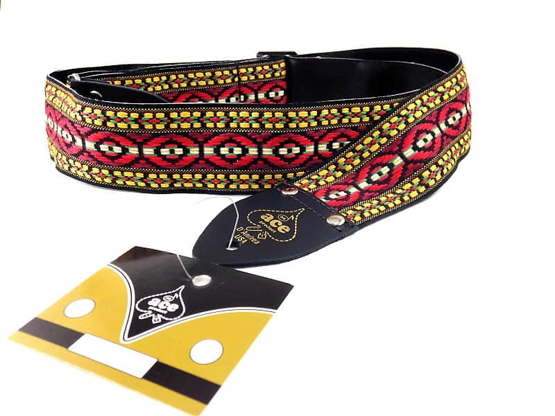 Ace Guitar Strap Vintage Style Red Green Yellow Black Pattern Hippie image 1