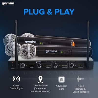 Gemini Sound UHF-04M Wireless Cordless Professional Set of 4 Handheld Microphones and Receiver for DJ, Karaoke, Stage Performance or PA System Four Pack image 2