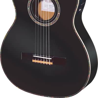Ortega Guitars RCE145LBK Family Series Pro Left Handed Slim Neck Acoustic Electric Thinline Nylon Classical 6-String Guitar w/ Free Bag, Solid Canadian Engelmann Spruce Top and Mahogany Body, Black Gloss Finish image 1