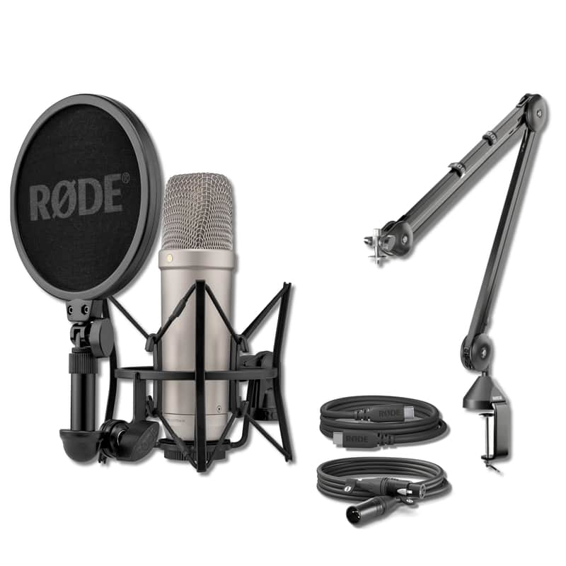 Rode NT1 5th Generation Condenser Microphone (Silver) with Rode PSA1 Desk-Mounted Broadcast Microphone Boom Arm image 1