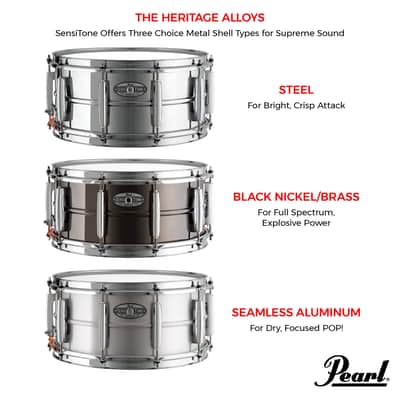 Pearl 14"x5" SensiTone Heritage Alloy Black Nickel-over-Brass Snare Drum with Beaded Shell, 2.3mm Triple-Flanged Hoops, and 10 arched CL Lugs image 5