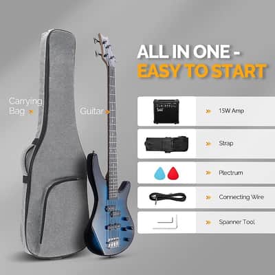 Glarry GIB 4 String Full Size Bass Guitar SS pickups w/ 20W Amplifier - Blue image 8