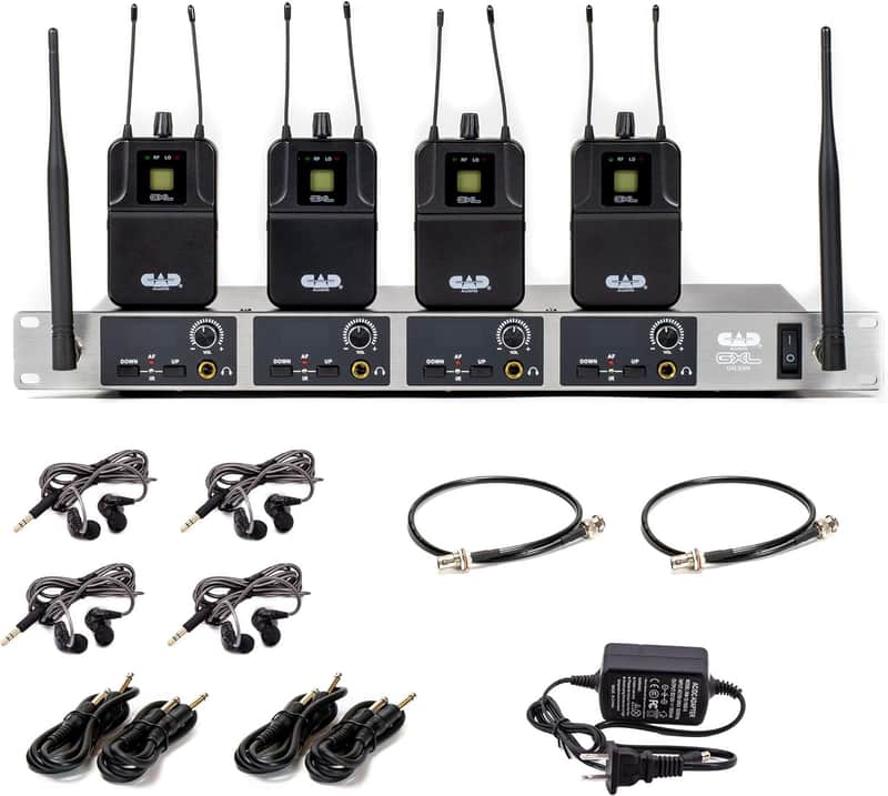 CAD Audio GXLIEM4 Frequency Agile Wireless In Ear Monitor System -Four discrete mixes - includes 4 MEB1 Earbuds, 4 Bodypack Receivers, Rack Mount Ears and Antenna Relocation Kit ,Black image 1