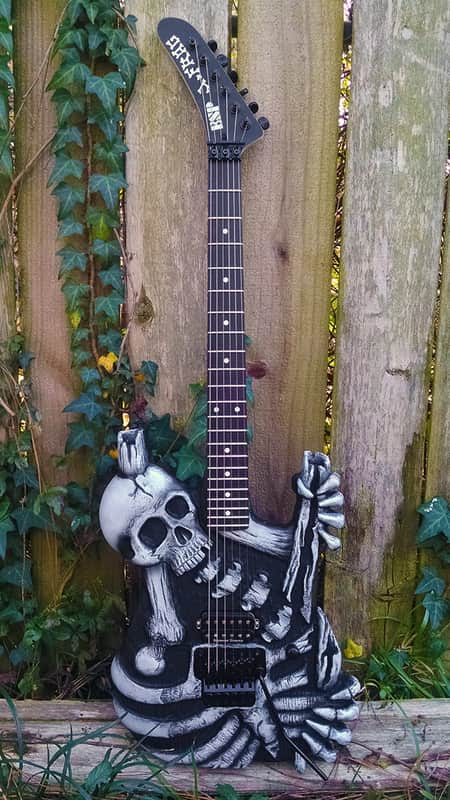 Hand carved Hembry Skull and Bones guitar for George Lynch mom, ESP, J Frog fans image 1