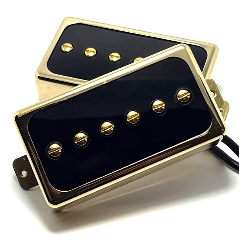 Dragonfire H90s ~ Humbucker Sized / Cased P-90 Pickup Set, Bridge + Neck ~ Gold Ring w/ Black Inlay image 1