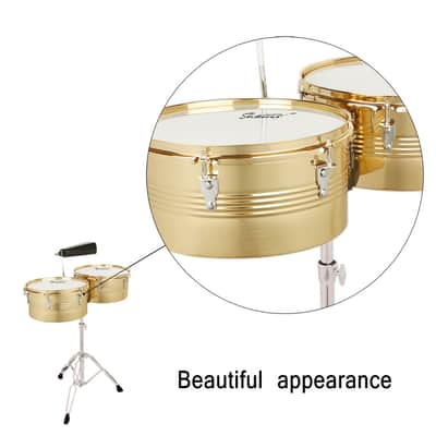 Glarry 13" & 14" Timbales Drum Set with Stand and Cowbell Golden image 15