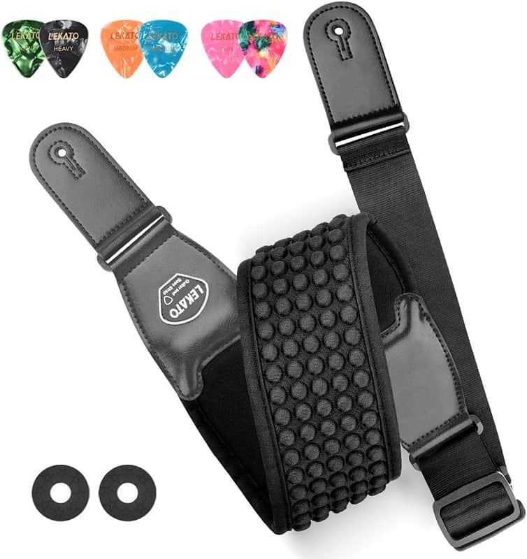 Guitar Straps for Electric Guitar Bass, 3.5" Wide Padded Guitar Strap Neoprene Pad with 3D Sponge Filling Bass Guitar Straps Adjustable Length from 45" to 55" with Strap Locks, Picks image 1