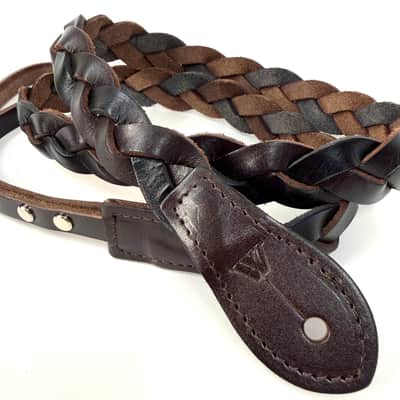 Walker And Williams M-61-CGN/BLK Throwback Series Hickory Brown And Black Grain Leather "Braid" Mandolin Strap image 3