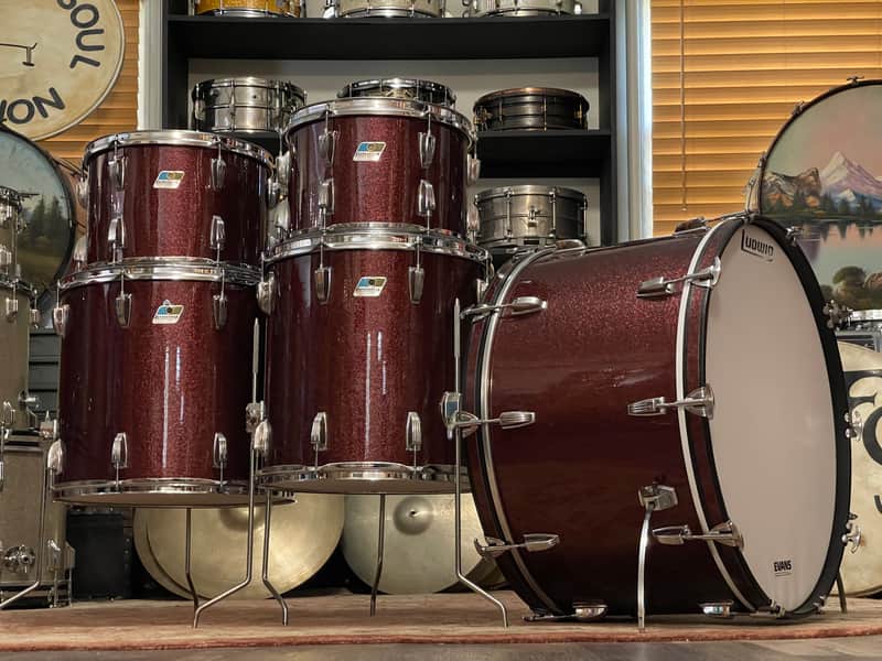 1970's Ludwig 3-Ply Burgundy Sparkle 15x26 13/14/16/18/26 Drum Kit Re-Wrap image 1