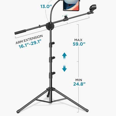 Mic Stand, 6 in 1 Microphone Stand Floor with Tablet Phone Holder Height Adjustable from 30" to 72" Mic Stand Tripod Boom Arm with Gooseneck Carrying Bag for Singing Karaoke Stage image 2