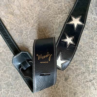 Moody 2.5" 3 White STARS Black/Black Leather Guitar Strap image 2