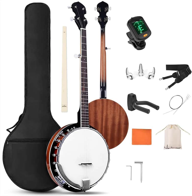 Banjo 5 String Full Size Banjoes Set, 38 Inch Beginner Banjo Kit with Resonator, Remo Drum Head, Open or Closed Back, Gift Package Free Lessons Starter Accessories for Adults Teenager, Brown image 1