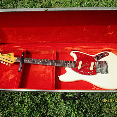 Fender Mustang Guitar, 1964, White, Kluson Tuners, Stackpole Pots, Case image 1
