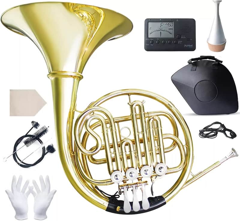 B♭ Single French Horn – 4-Key Brass Lacquer Gold Finish w/ Case, Mute, Gloves & More | Lightweight & Easy to Play image 1