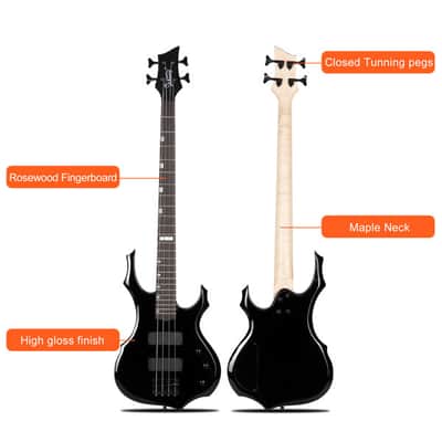 Full Size Glarry 4 String Burning Fire enclosed H-H Pickup Electric Bass Guitar with 20W Amplifier/ Bag/ Black image 7