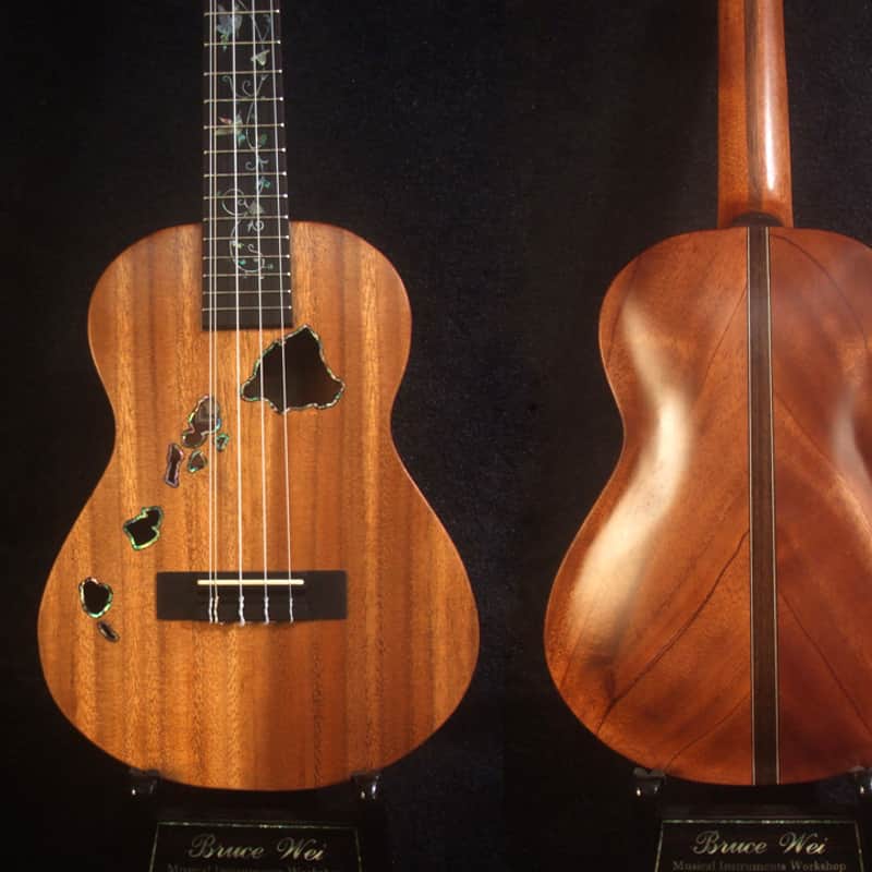 Handcrafted 5 String Tenor Ukulele, Solid Acacia, Carved Archback, The Islands Soundhole, Vine Inlay, Soft-bag, Bruce Wei UAG17-2025 image 1