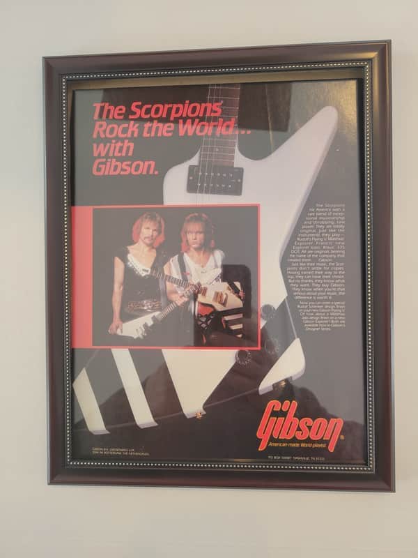 1985 Gibson Guitars Color Promotional Ad Framed Scorpions Gibson ExplorerOriginal image 1