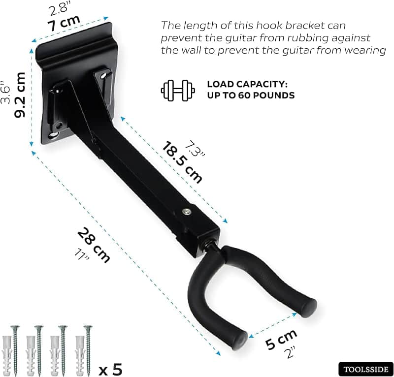 5Pcs Guitar Hanger, Heavy Duty Metal, Wall Mount, 180 Swivel Fork Design, Rubber Tips, Adjustable with Slat Adapter, for Electric Acoustic Bass Guitars and More image 1