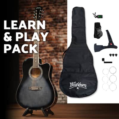 Washburn WA90CETBBPACK Learn & Play Pack Acoustic Electric Guitar Bundle. Transparent Black Burst, Open Box image 1