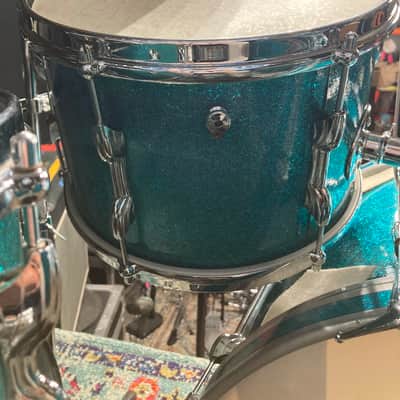 Premier 4-Piece Drum Set, 22", 16", 12" and 14x5.5" Matching Snare Drum, Hardware and Cases, All Original!! 1966 - Aquamarine Sparkle image 18