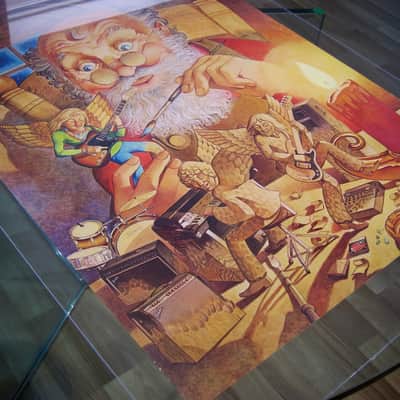 Fender Telecaster, Precision Bass, Rhodes & Twin Reverb Authentic Vintage Poster Christmas Campaign "Hark the Herald Angels Play" Artist Endicott Circa-1970's-Multi Color image 5
