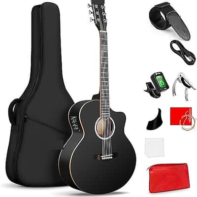 3/4 Acoustic Electric Guitar Kit for Beginners, 36 Inch Acoustic Cutaway Guitar Junior Size Travel Acustica Guitarra Bundle for Adults, Teens, Upgraded Starter Kit, Black Matte image 1