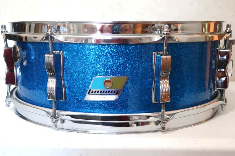 Ludwig No. 908P Jazz Festival 5x14" 8-Lug Snare Drum with Pointed Blue/Olive Badge 1969-1971 Sparkling Blue Pearl image 1