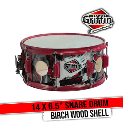 GRIFFIN 14" x 6.5" Birch Wood Snare Drum (Limited Edition) – Large 2.5" Vents, Red Hardware, Graphic Wrap – with Drum Key & 8 Metal Lugs image 1