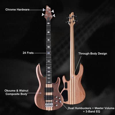 Winzz 4-String Through-Body Okoume Body with Walnut Bass Guitar image 3