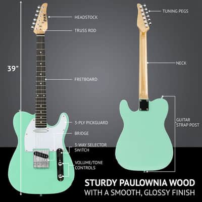 LyxPro 39" Telecaster Solid Electric Guitar, Full-Size Paulownia Body, Green image 2