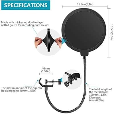 Professional Microphone Pop Filter Shield Compatible with Blue Yeti and Any Other Microphone, Dual Layered Wind Pop Screen With A Flexible 360 Degree Gooseneck Clip Stabilizing Arm image 2