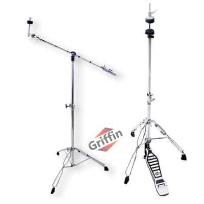 GRIFFIN Hi-Hat Pedal & Cymbal Boom Stand Kit (Percussion TiltPro X Edition) 2 Pack – Chrome Drum Hardware with Pull Chain, Counterweight & Double-Braced Legs image 2