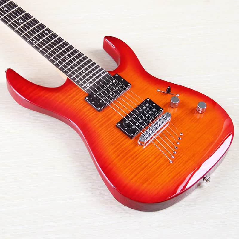 HH Custom 7 String Guitar, Cherry Burst Tiger Maple Top Body, Maple Neck image 1