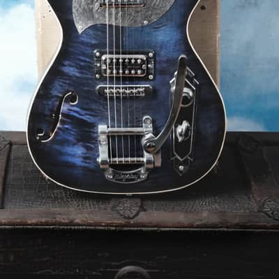Postal Midnight Special Flamed Maple Blue Silverplate Engraved Pickguard Bigsby image 2